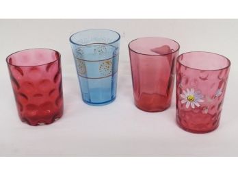 Group Of 4 Victorian Glass Water Tumblers In Cranberry And Periwinkle Blue