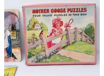 Mid-century Mother Goose Puzzles Set Of 4 In Original Box Exceptional Colors C. 1952