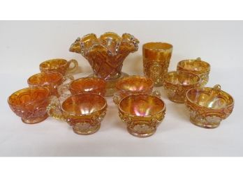 Imperial Glass Marigold Carnival Glass Punch Cups & Bowl Base - No. 402 Orig Pattern Number