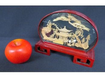Vintage San You Chinese Cork Carved Diorama In Red Lacquer Bamboo Wood Display Case