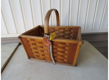 Mid-Century Wide Rattan Woven Basket W/Bentwood Handle, Vintage Crocheted Flowers