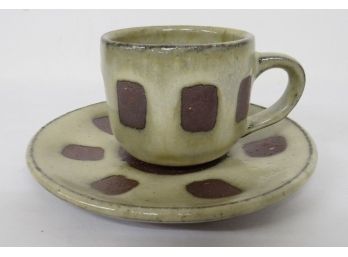 Studio Pottery Or Stoneware Artist Signed Cup & Saucer, Cubist Glaze