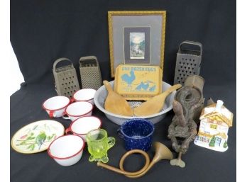 Lot Of Country Collectibles Mostly 19th C. Early 20th - Graniteware, Treenware, Enamelware, Uranium Glass, Etc
