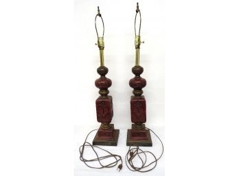 Pair Of Mid-Century Asian Carved Wood Table Lamps Reddish Cinnabar Color, Tested/Working