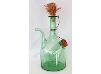 Vintage Hand Blown Green Glass Wine Bottle Decanter W/ Ice Chamber & Corks-Italy