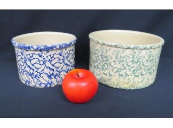 Pair Of Sponge Decorated Robinson Ransbottom Pottery Roseville, Ohio Pottery Planters Or Bowls - Blue & Green