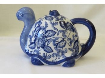 Blue & White Flowered Ceramic Turtle Teapot