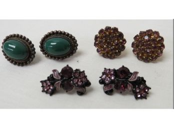 3 Pair Of Extra Nice Vintage Clip-on Earrings W/lots Of Colorful Rhinestones & Semi-precious Stones