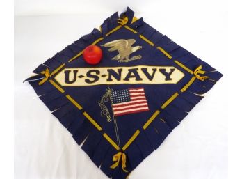 Wonderful US Navy World War II Era Felt Sewn Pillow Cover / Chair Back Cover, Blue And Gold With Eagle 48 Star