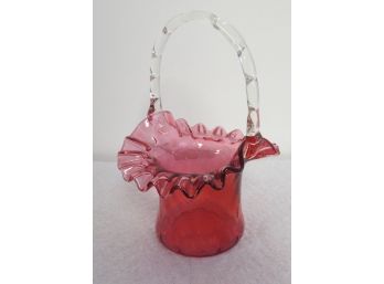 Fenton Art Glass Ruffled Rim Hat Basket W/Applied Handle Very Pretty