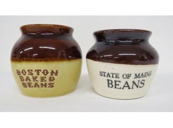 Pair Of Vintage Stenciled Baked Beans Advertising Crocks - Boston Baked Beans And Maine State Beans