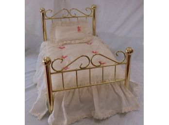 1990s 18' American Girl Doll Victorian Brass Bed, Mattress & Bedding Set