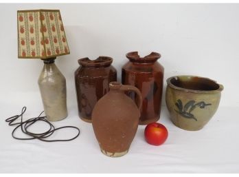 Mixed Lot Of 19th Century American Redware & Stoneware Including Manganese Splotch Jar, Cream Pot, Etc.