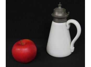 Victorian C.1875 Era Milk Glass Pewter Lid Syrup Pitcher W/Beautiful Applied Handle - Nice One
