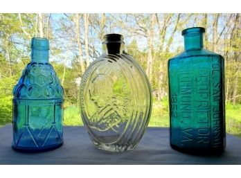 3 Big, Bright & Colorful Quart Collector Bottles - Lancasters Jaundice Bitters, George Washington, Etc.