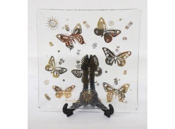 Georges Briard Mid-Century Square Glass Butterfly Decorated Dish