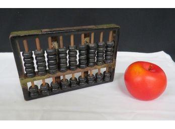Vintage Chinese Wooden Abacus, Labeled, With Brass Mounts & Corner Braces.