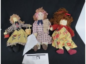3 Larger Sized Country Or Folk Art Dolls, One From The Museum Of Folk Art, NYC C.1990's