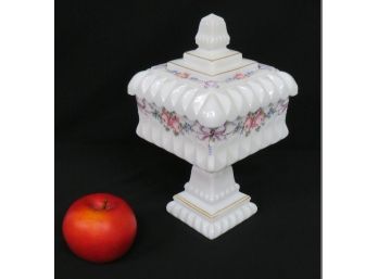 Vintage Westmoreland Milk Glass Roses & Bows Hand Decorated Covered Pedestal Candy Dish