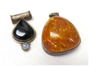 Two Sterling Necklace Pendants One In Crystalized Amber, Other Jet Black Possibly Lignite?