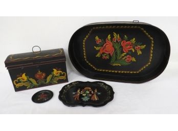 4pc Lot Of Vintage Painted Toleware, Lidded Box, Large Tray, Two Smaller Dishes/trays