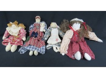 Group Of 4 Country Dolls Lots Of Gingham Cloth, Folk Art Style Very Detailed, Clean