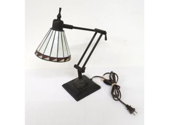 Attractive Bronzed Finish Tiffany Style Desk Lamp W/slag Glass Shade, Adjustable Height/angle, Working