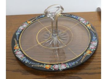 Very Pretty Art Deco Era Center Handle Glass Server/Sandwich Plate Nicely Decorated Floral Border