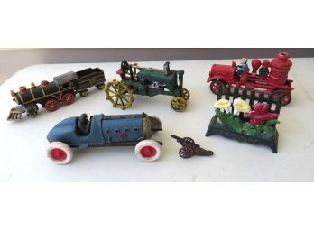 Mixed Lot Of Vintage Cast Iron Toy Tractors, Firetruck, Car, Trains, Cannon & More