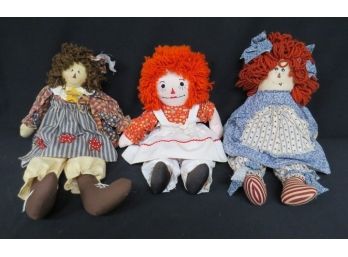Lot Of 3 Country Folk Art Raggedy Ann Dolls Such Details!