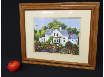 Charles Wysocki Signed Print In Frame Of The American Dream, C.1848-50 Country White Clapboard Home & Flowers