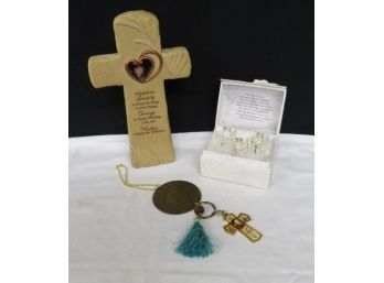 Glass Angels Worry Box, Cross & Brass Religious Pendant