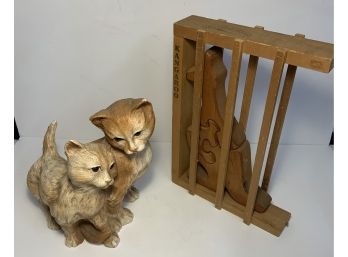 Animal Lover Lot Of 2: Resin Cats And Wood Kangaroo Puzzle