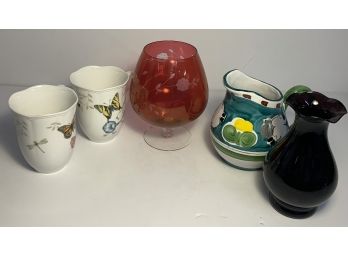 Lot Of 5 Miscellaneous : 2 Mugs, 1 Pink Cup, 1 Lamb Mug, 1 Glass Piecestnkwares