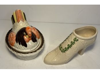 Ceramic Lot Of 2: Rooster Nesting  Dish And Celtic Ceramic Shoe
