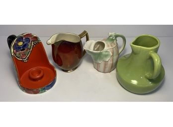 Interesting  Ceramic And Pottery Lot Of 4   1 Cariton Ware, 1 Pink & Green, 1 Lime Green, 1 Candle Holder