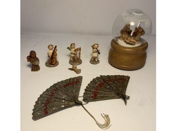 Miscellaneous Lot 3 German Figures, 2 Wooden Figures, Music Box, 2 Vintage Fans From Hong King
