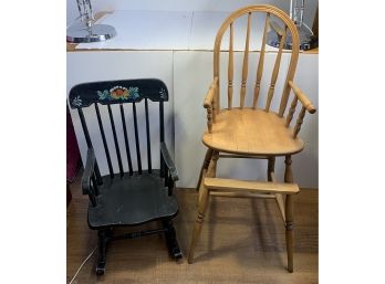 Childs High Chair And Small Wooden Rocking Chair