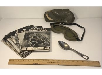 World War 2 Lot: 13 News Magazines, Polaroid Goggles, & Spoon