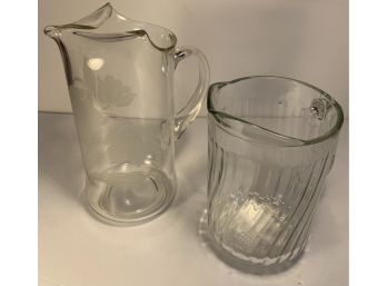 Lot Of 2 Clear Glass Pitchers: 1 Etched Glass, 1 Rippled Glass