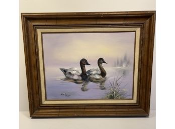 Signed Oil On Canvas Duck Painting