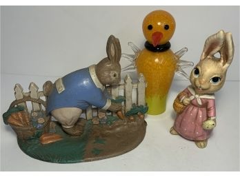 Spring/Easter Lot Of 3: Iron Rabbit Door Stop, Orange Glass Bird, & Ceramic Rabbit
