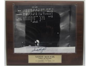 Authenticated Sandy Koufax  Signed Wooden Plaque First No Hitter June 30, 1962 LA Dodgers VS. NY Mets