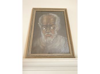 Vintage Signed Chalk Drawing Of  Black Old Man With White Hair And Beard. Wood Frame. 16 3/8' X 22 3/8'.