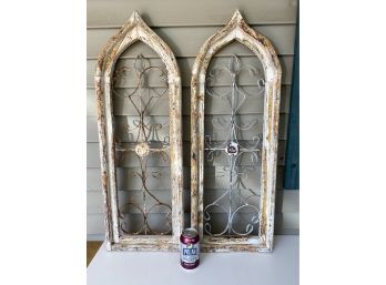 Two Wonderful Distressed White Paint Gothic Window Frames With Metal Grates. Measures 12'x 34'.