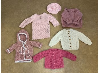 Group Of Five (5) Hand Knit Wood Children's Sweaters. Hoodie, Button Up, Pullover, Beret Hat.