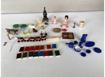 Lot Of Vintage Doll House Miniatures. Toy Train, 15 Book With Real Pages, Andirons With Logs, 2 Pillows, Plus