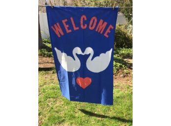 Welcome Flag With White Swans And Red Heart. Measures Approximately 34' X 55'.