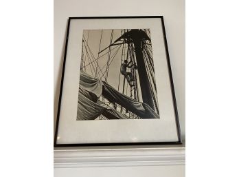 Vintage Framed Black & White Sailing Photograph. Man In The Rigging. Measures 19 1/4' X 24 1/4'.