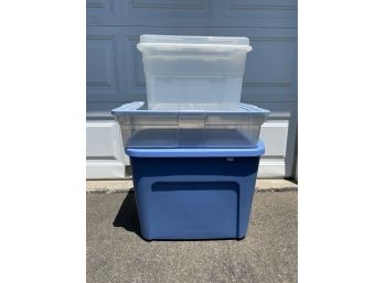Three (3) Plastic Storage Containers/Buckets With Tops.